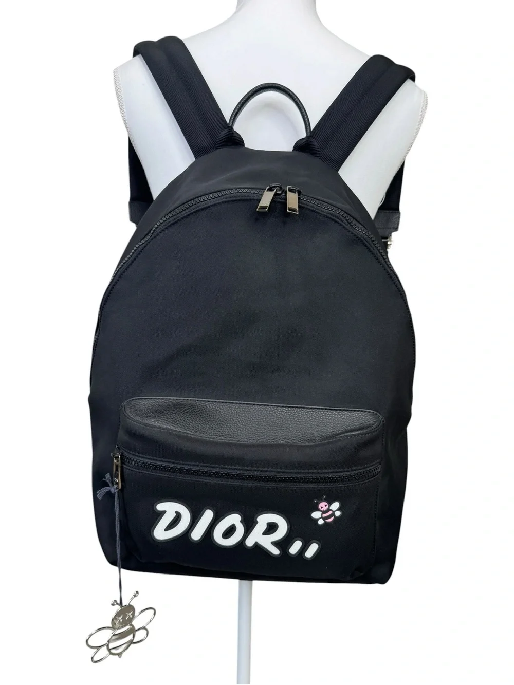 Dior x KAWS Rider Nylon Backpack with Pink Bee Limited Edition 2019 Black Whitw